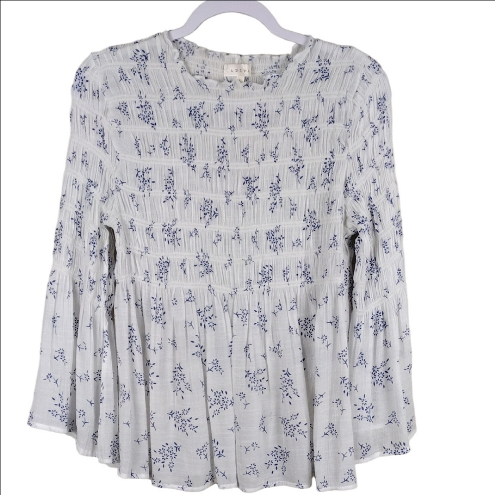 Adiva White Blue Floral Pleated Ruffle Neckline Flare Long Sleeve Romantic Top